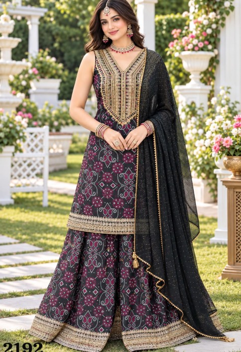 Black Chinon Embroidered and Print Work Salwar Suit